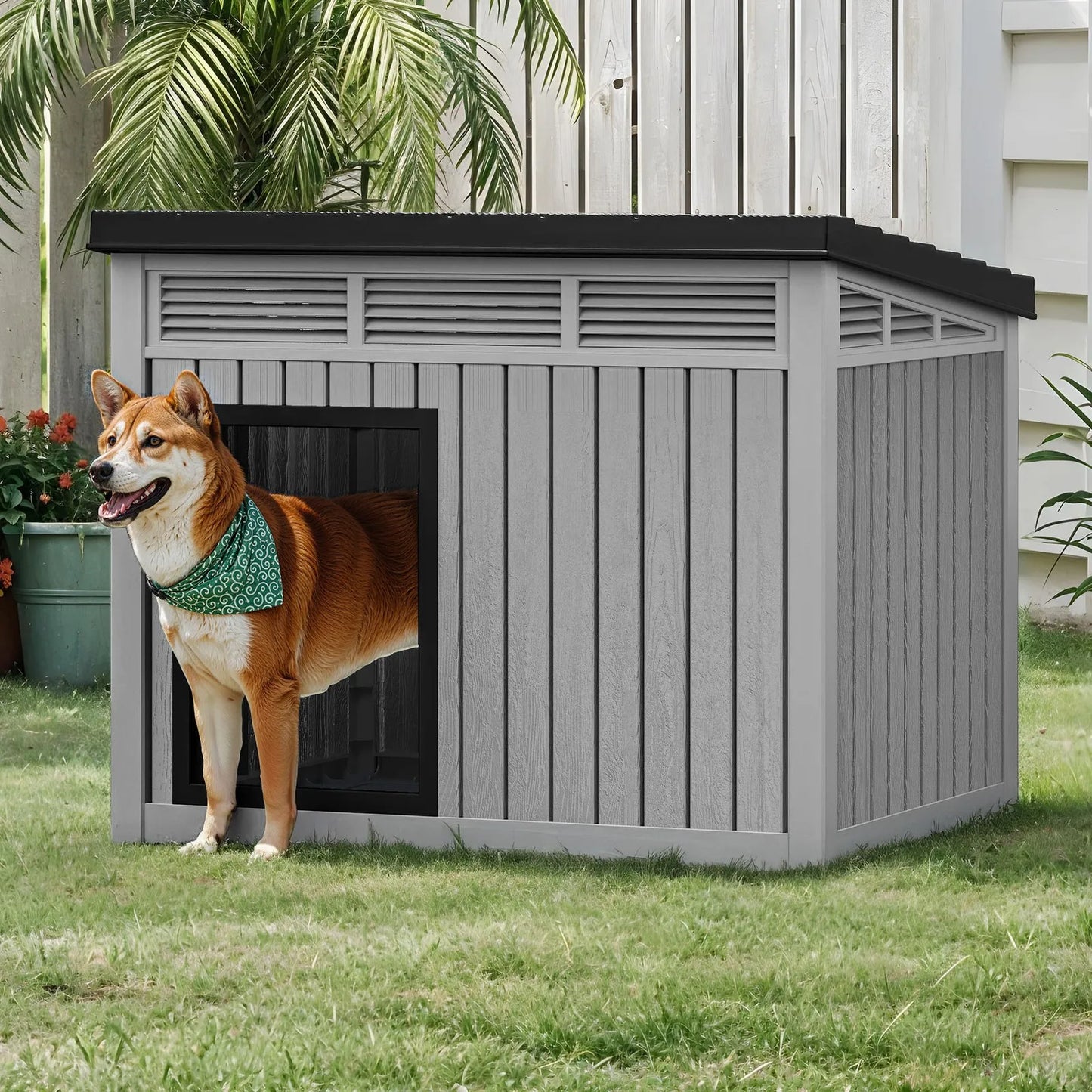 Gray Plastic Dog House with Liftable Roof Outdoor Indoor Dog Kennel w/ Air Vents