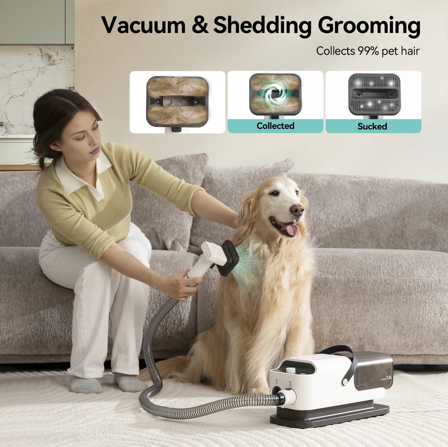 Amicura P1 Vacuum Cleaner & Hair Dryer 15kpa, Pet Grooming Set Adjustable Speed and Temperature, 5 Proven Care Tools Dog Clipper