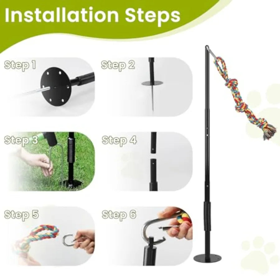 Tether Tug Outdoor Dog Toy with Chew Rope Adjustable Height Sturdy Metal Tug of War Interactive Pull Pet Toys Exercise Game for